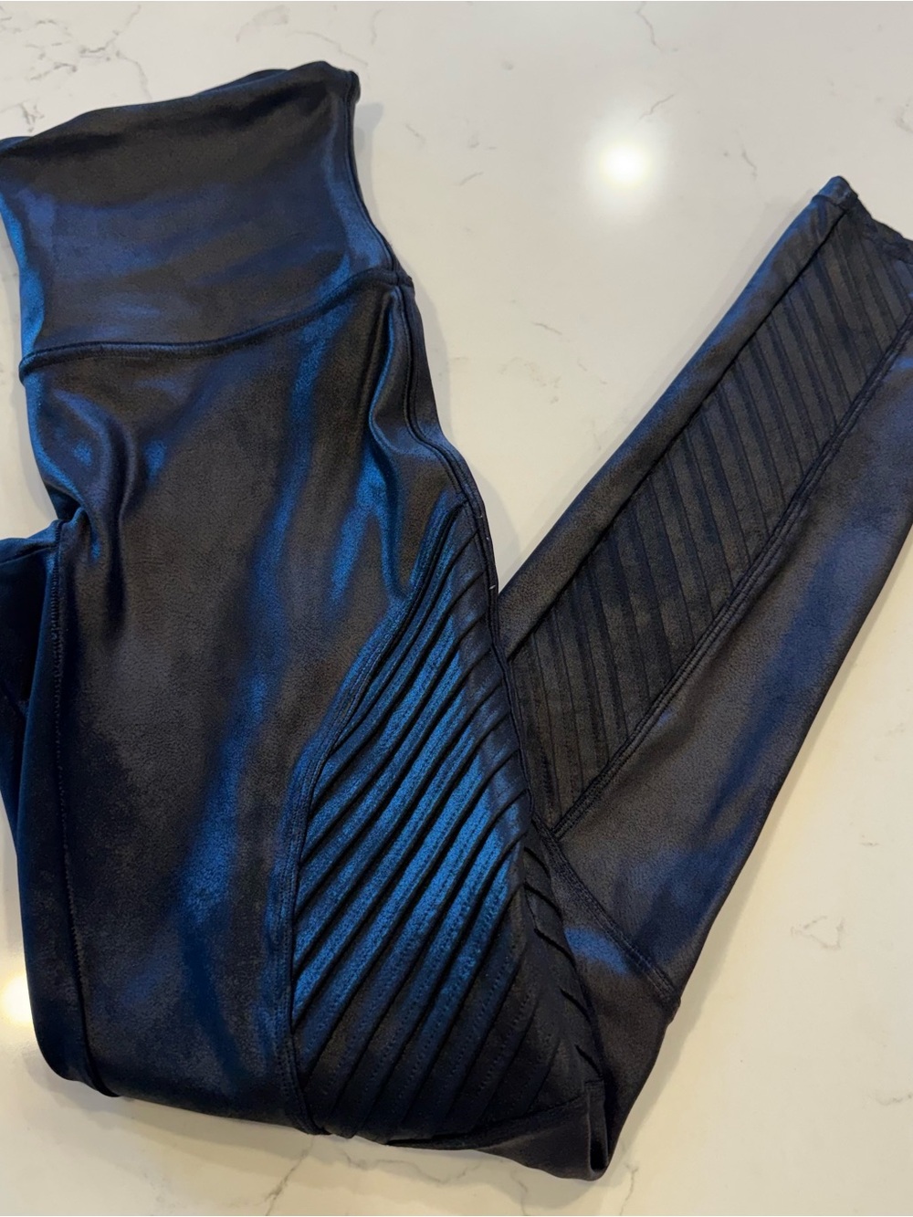 SPANX Black Ribbed Moto Ponte High-Waist Leggings Sz L 26 in 20136R faux leather
